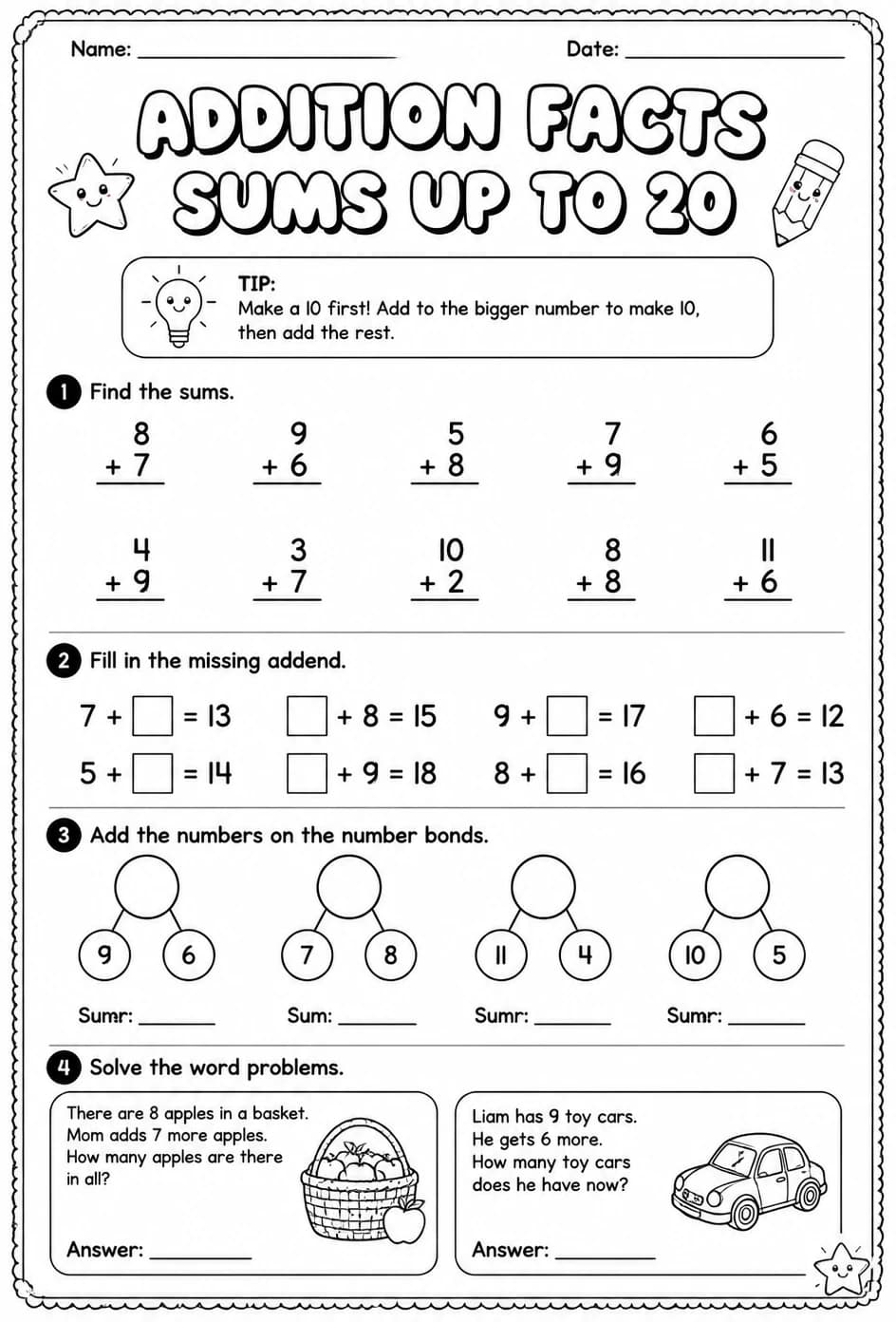 Addition facts - sums up to 20 — free printable Grade 1 math worksheet