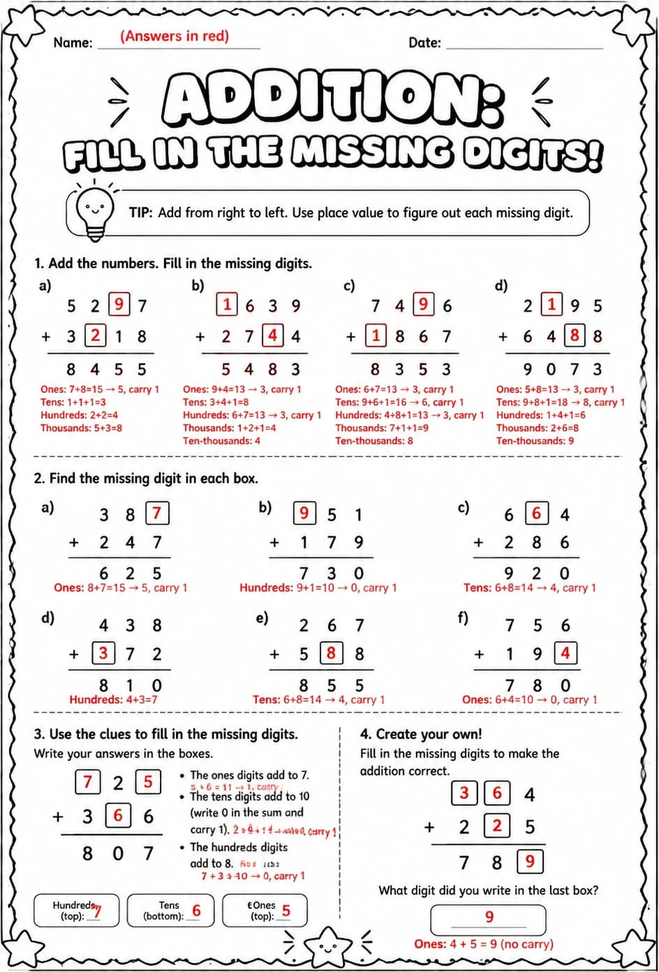 Answer key for Addition: fill in the missing digits — free printable Math worksheet