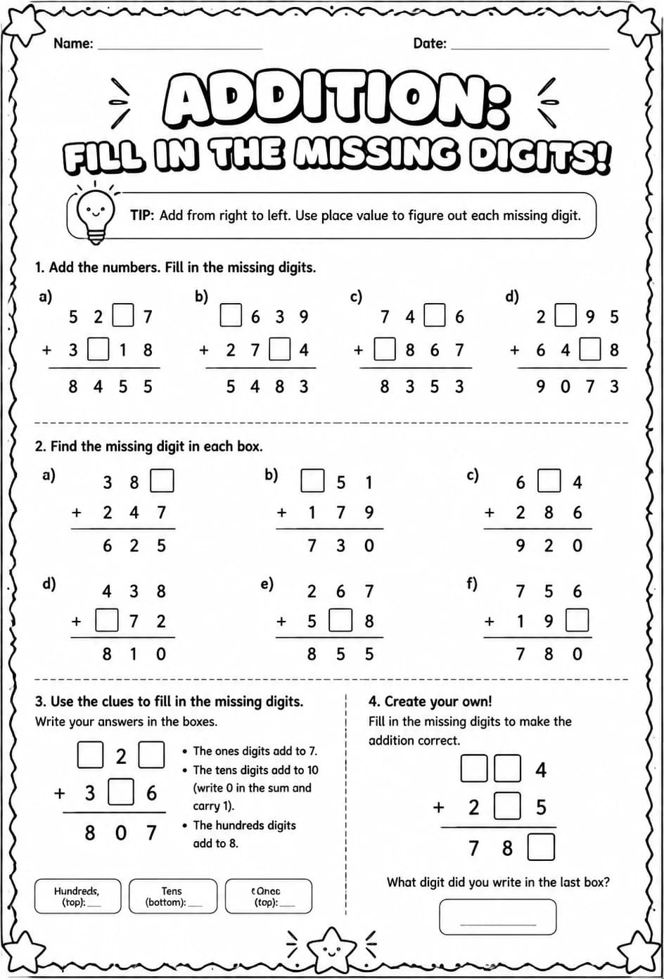 Addition: fill in the missing digits — free printable Grade 4 math worksheet