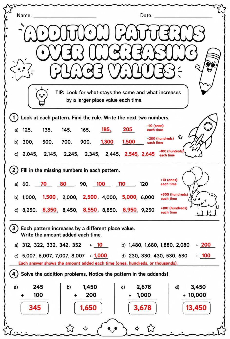 Answer key for Addition patterns over increasing place values — free printable Math worksheet