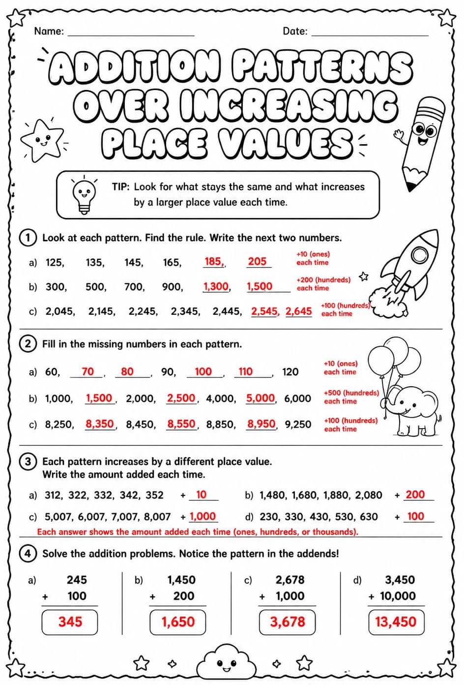 Answer key for Addition patterns over increasing place values — free printable Math worksheet