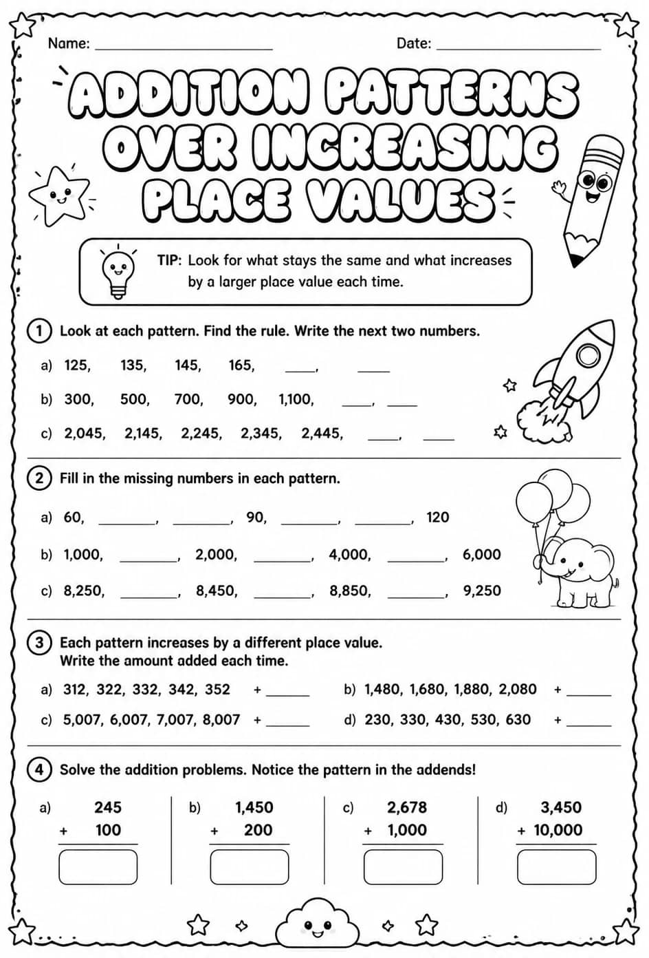 Addition patterns over increasing place values — free printable Grade 3 math worksheet