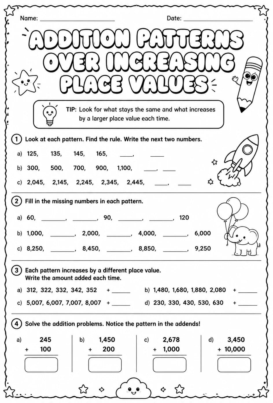 Addition patterns over increasing place values — free printable Grade 3 math worksheet