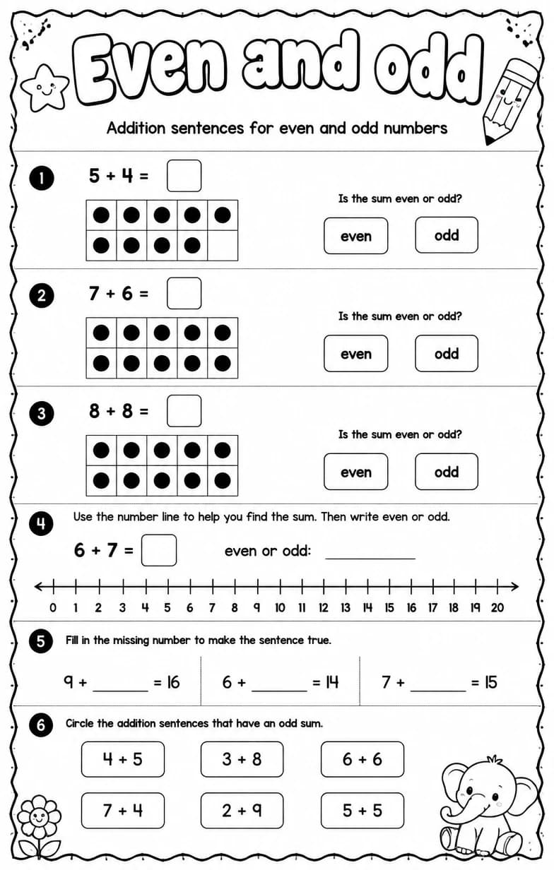 Addition sentences for even and odd numbers — free printable Grade 2 math worksheet