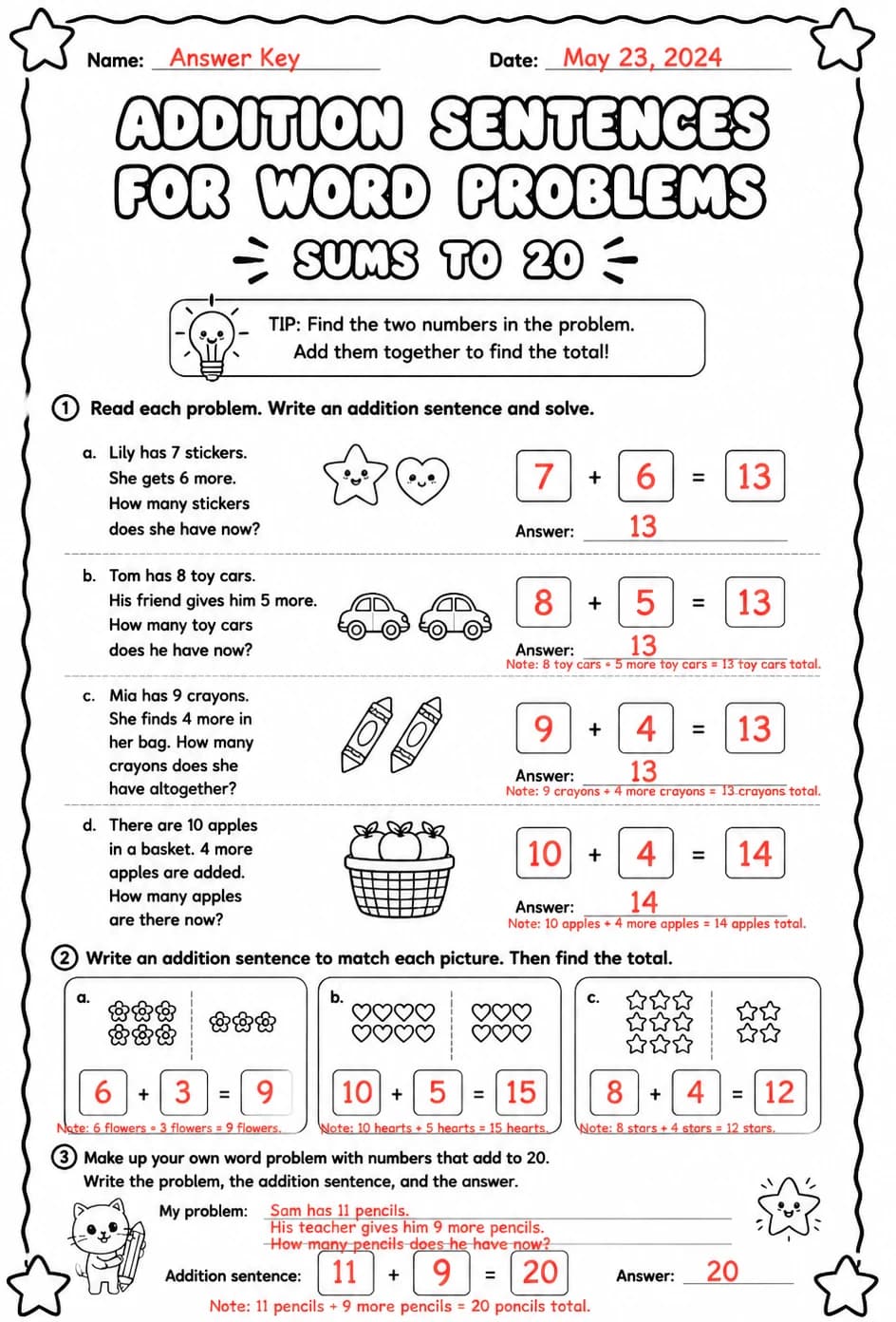Answer key for Addition sentences for word problems - sums to 20 — free printable Math worksheet