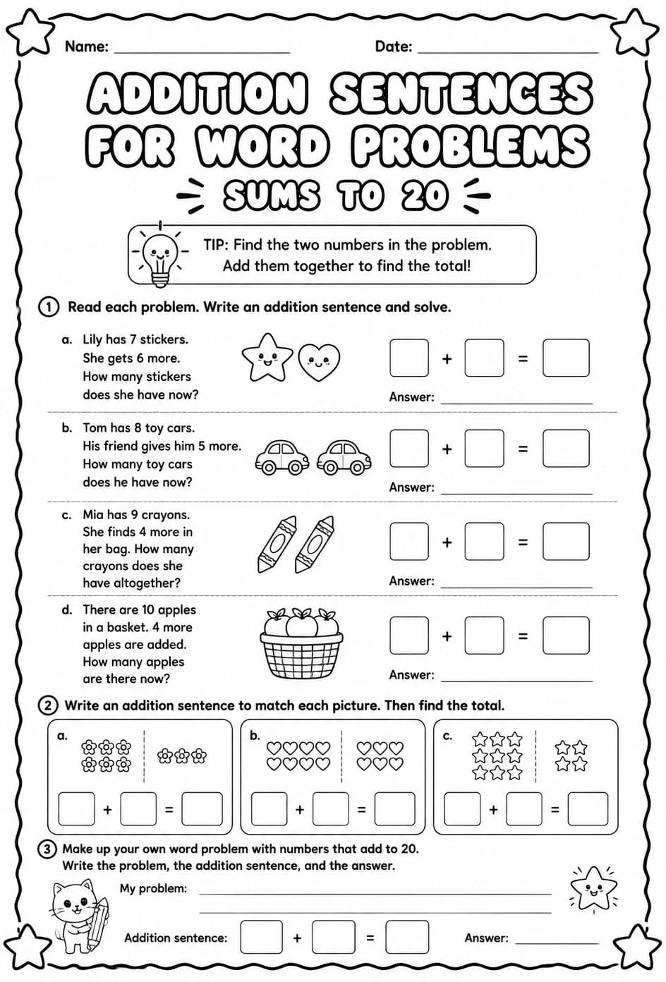 Addition sentences for word problems - sums to 20 — free printable Grade 2 math worksheet