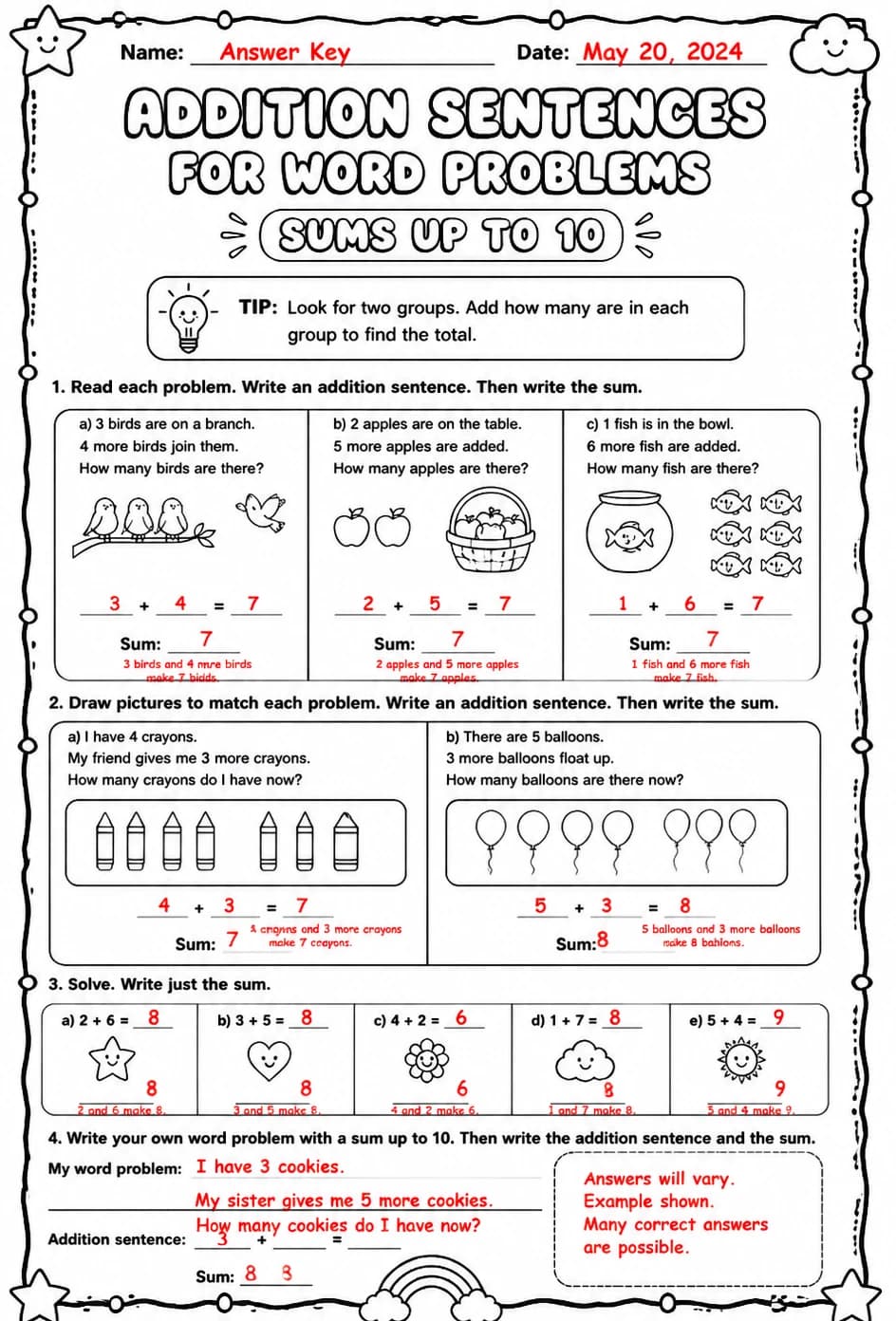 Answer key for Addition sentences for word problems - sums up to 10 — free printable Math worksheet