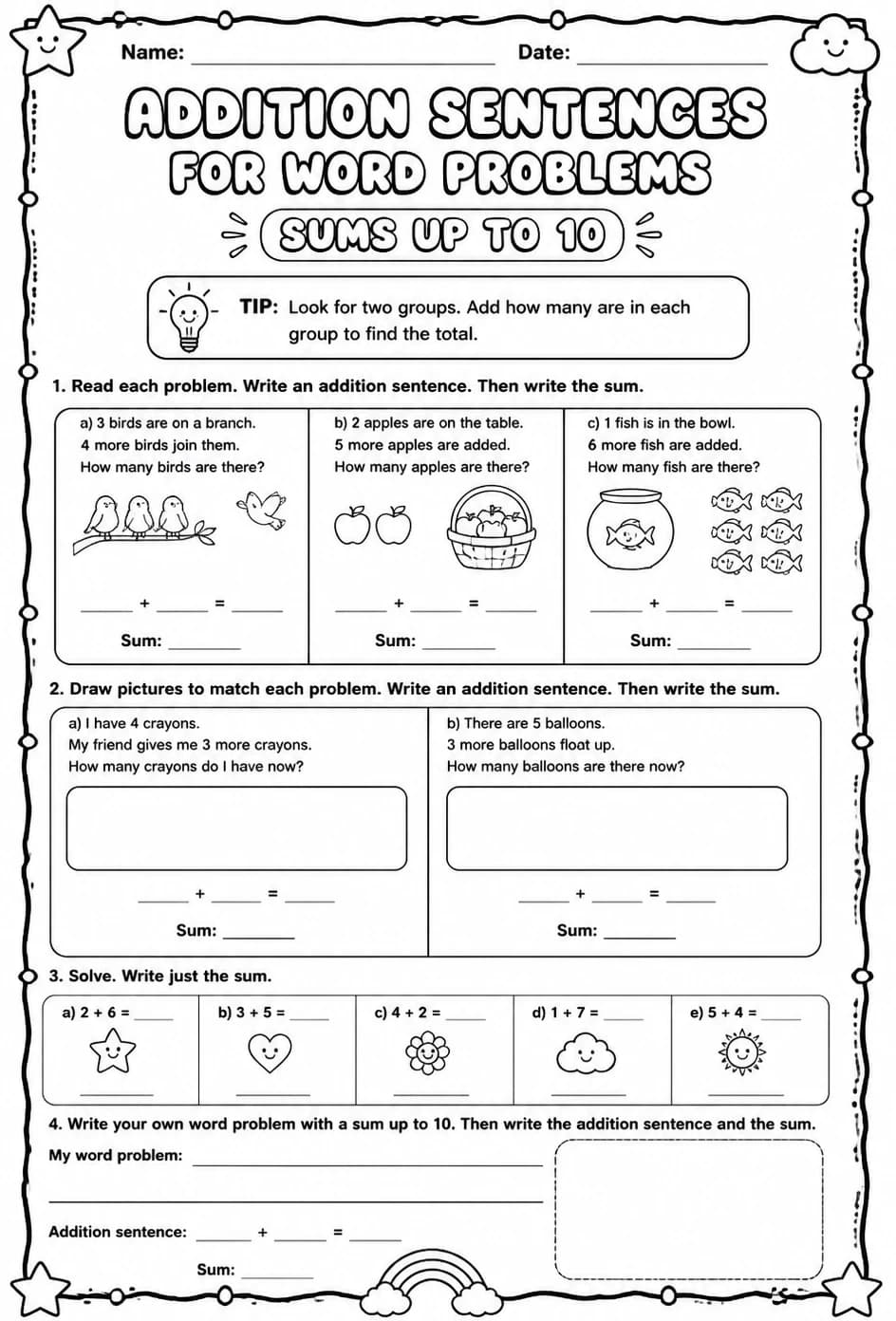 Addition sentences for word problems - sums up to 10 — free printable Grade 1 math worksheet
