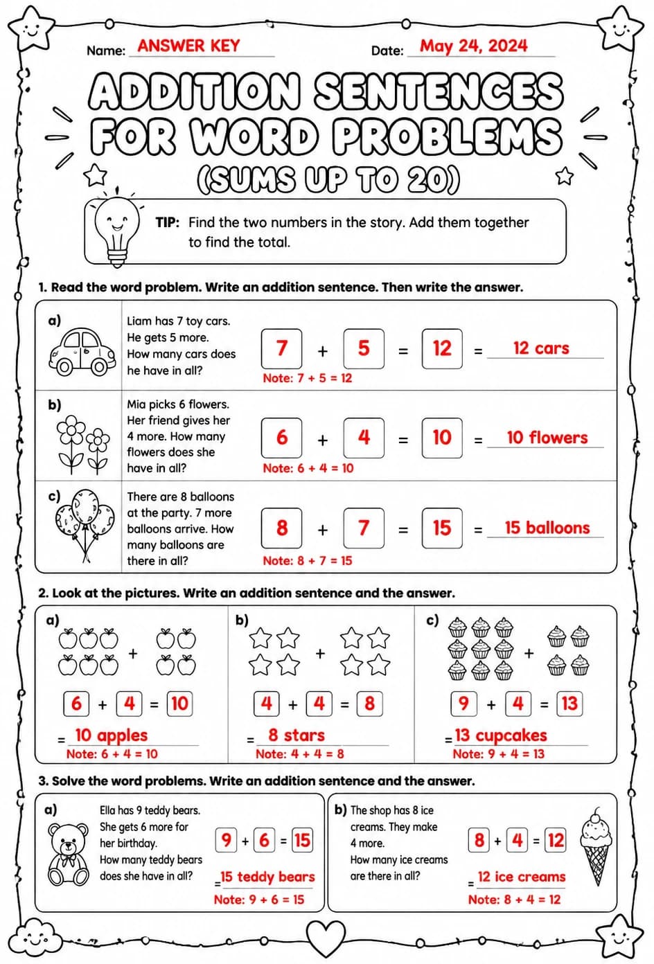 Answer key for Addition sentences for word problems - sums up to 20 — free printable Math worksheet