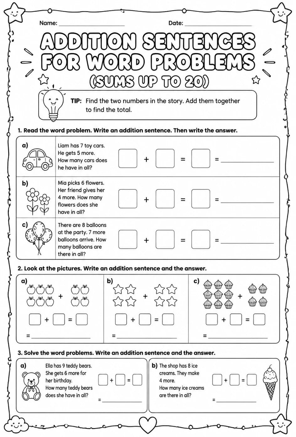 Addition sentences for word problems - sums up to 20 — free printable Grade 1 math worksheet