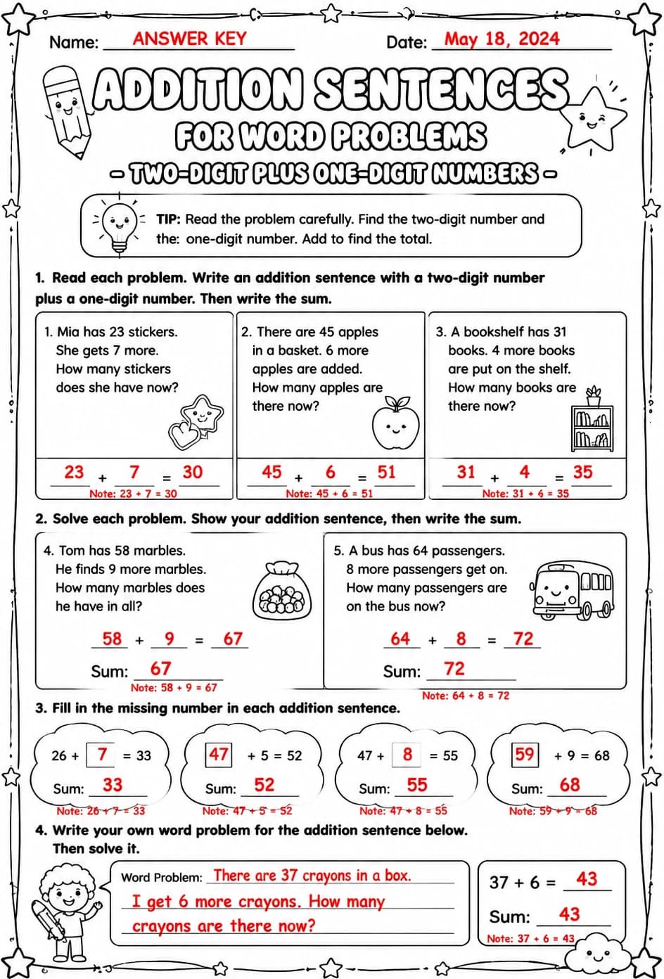 Answer key for Addition sentences for word problems - two-digit plus one-digit numbers — free printable Math worksheet