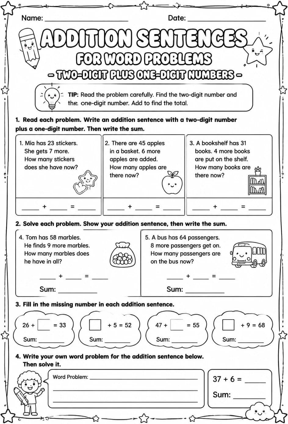 Addition sentences for word problems - two-digit plus one-digit numbers — free printable Grade 1 math worksheet
