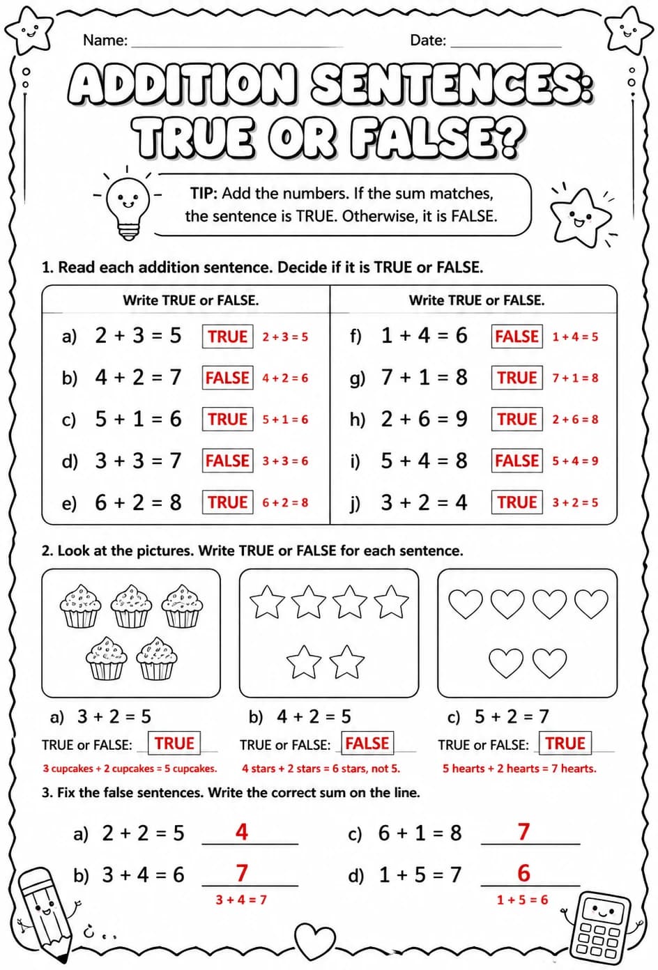Answer key for Addition sentences: true or false? — free printable Math worksheet