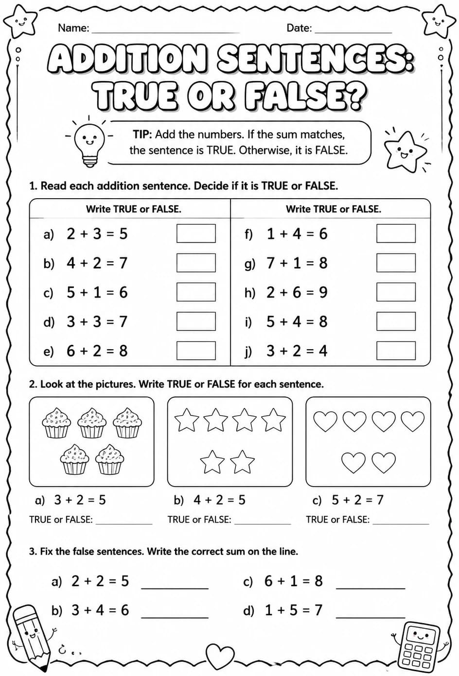 Addition sentences: true or false? — free printable Grade 1 math worksheet