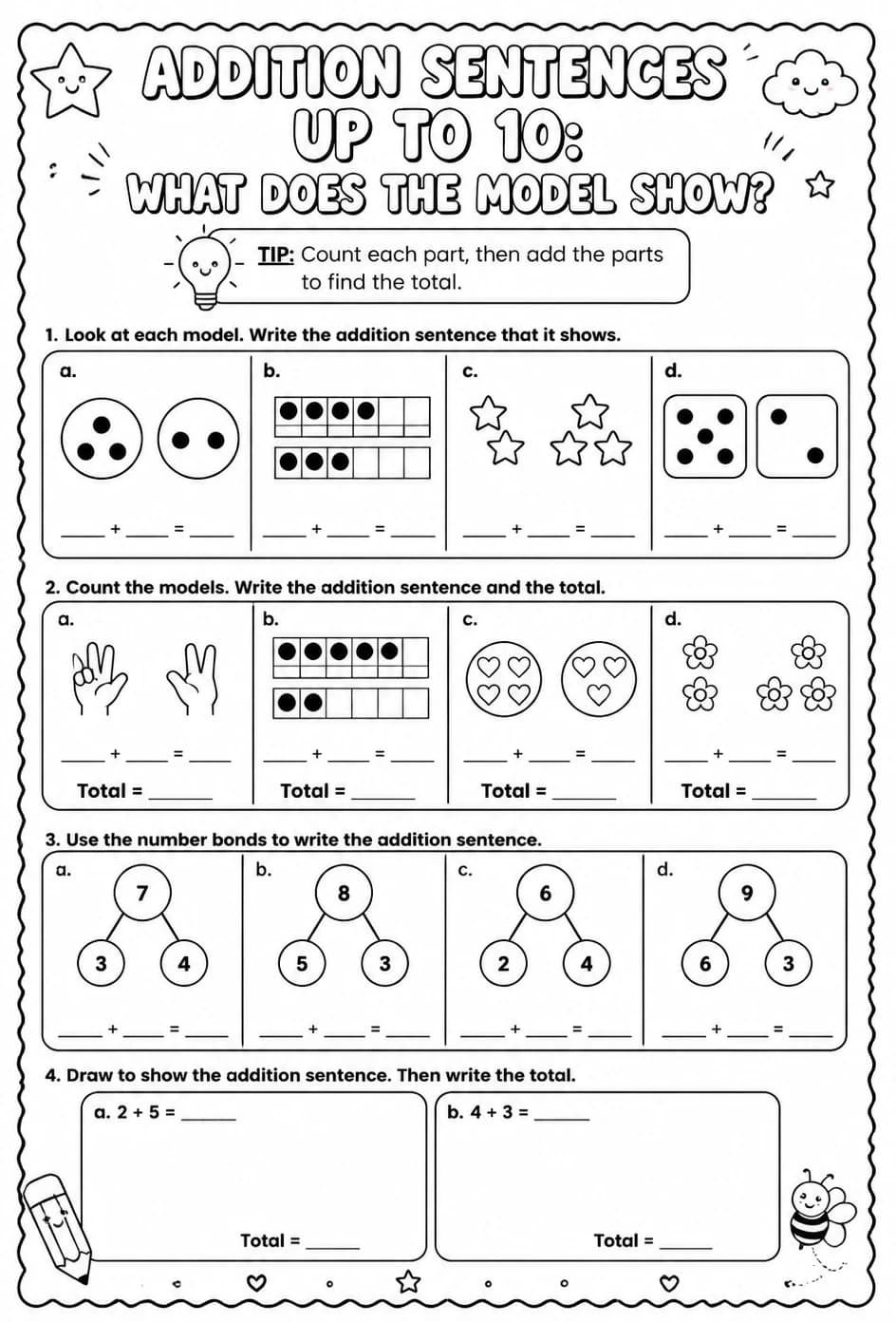Addition sentences up to 10: what does the model show? — free printable Grade 1 math worksheet