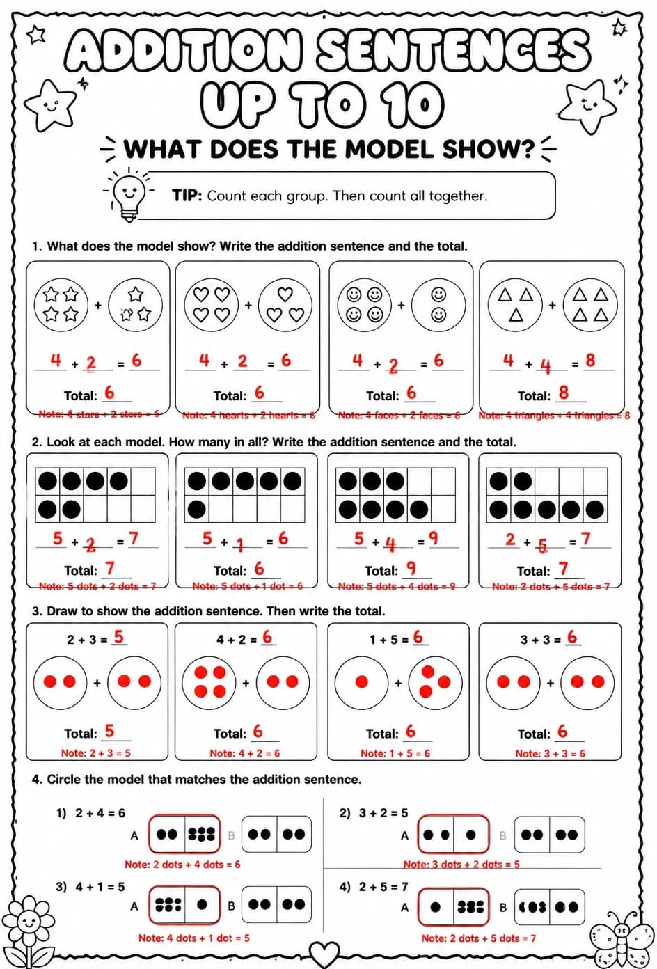 Answer key for Addition sentences up to 10 - what does the model show? — free printable Math worksheet