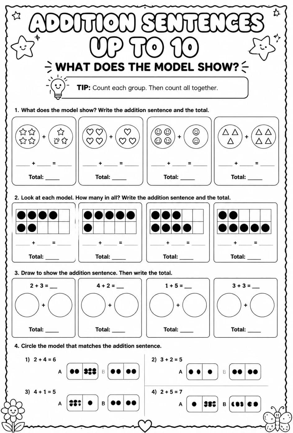 Addition sentences up to 10 - what does the model show? — free printable Pre-K math worksheet