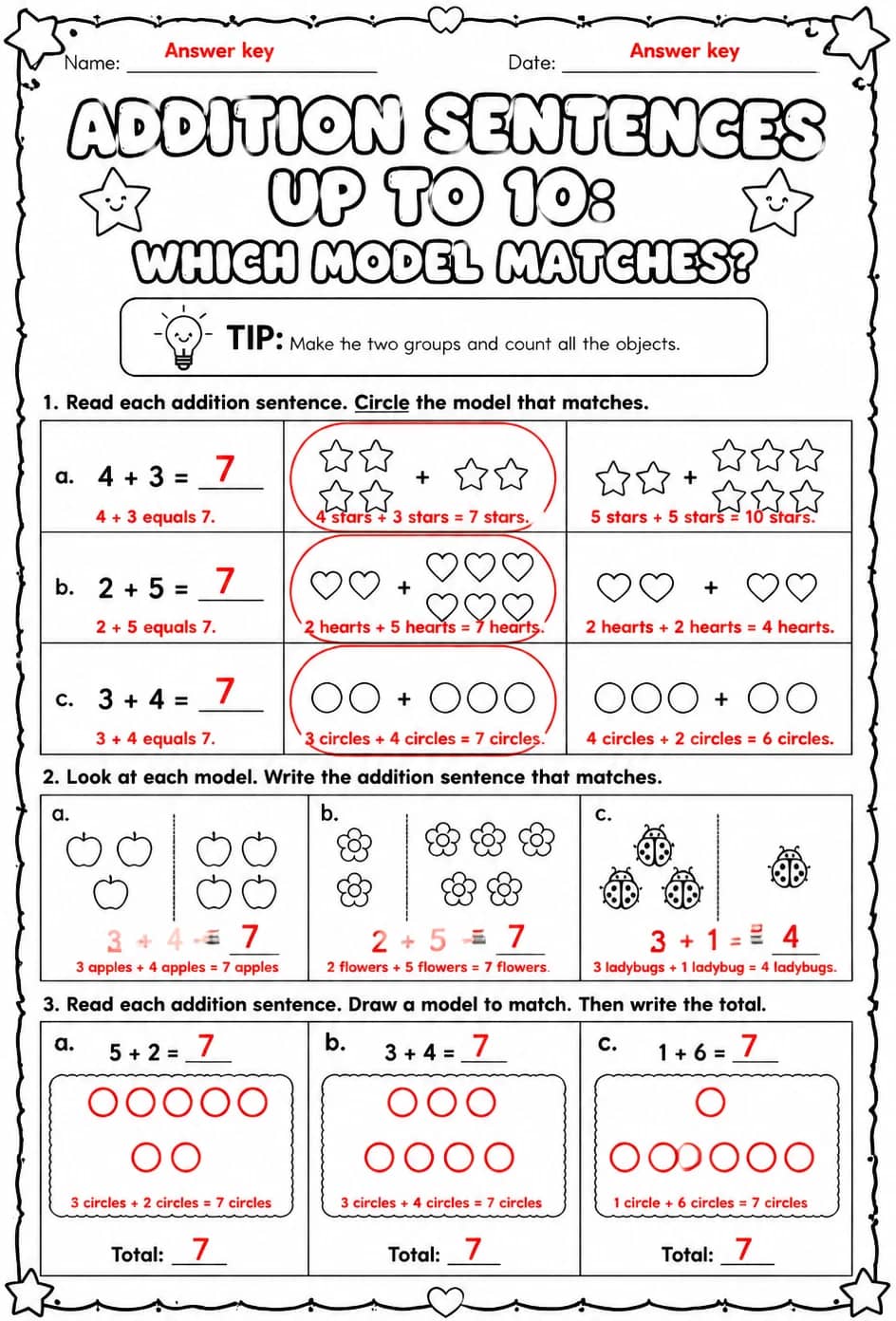 Answer key for Addition sentences up to 10: which model matches? — free printable Math worksheet