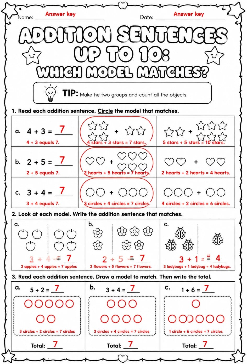 Answer key for Addition sentences up to 10: which model matches? — free printable Math worksheet