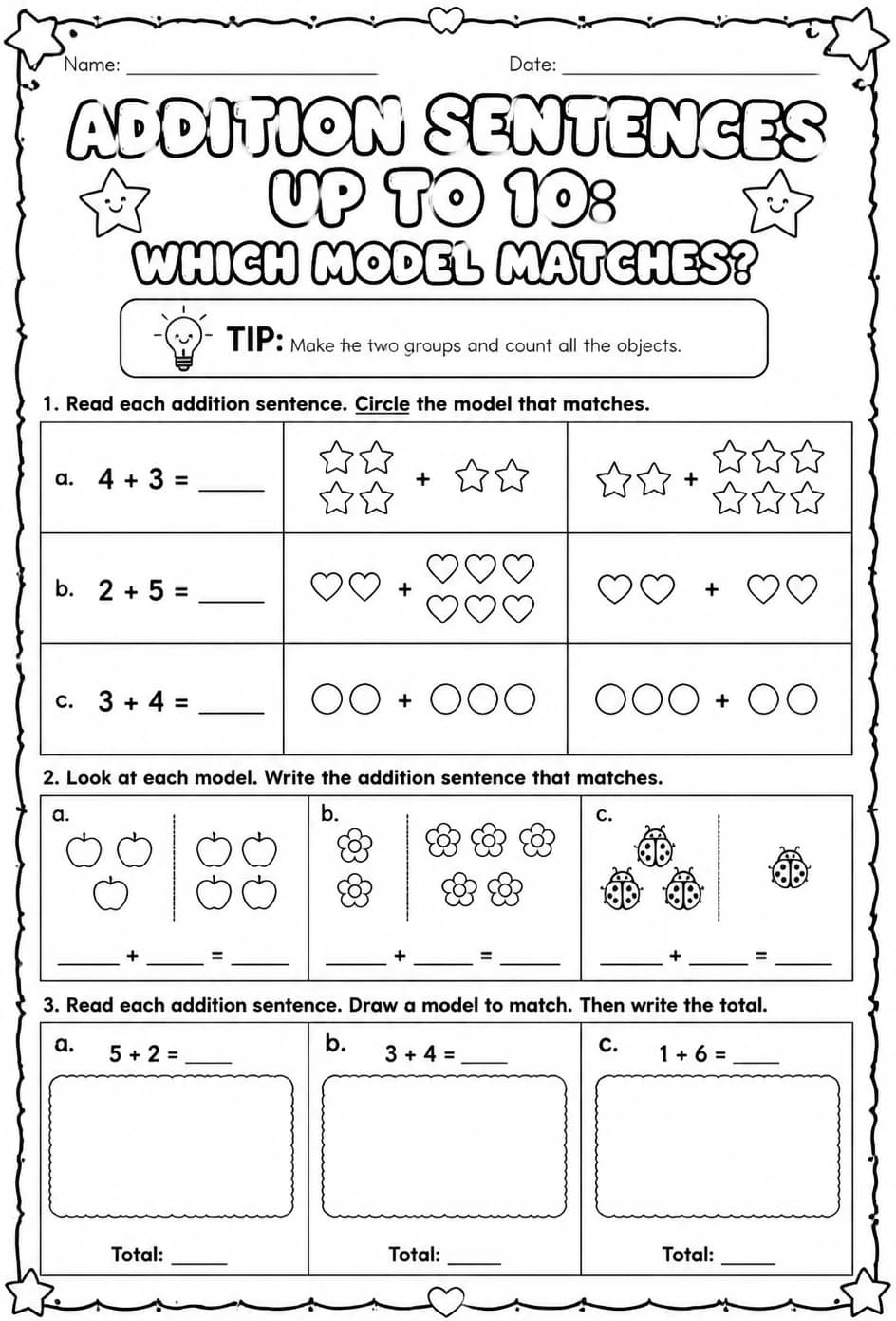 Addition sentences up to 10: which model matches? — free printable Grade 1 math worksheet