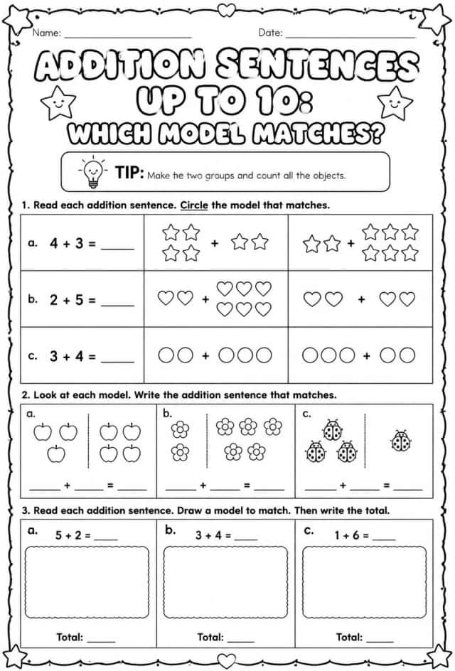 Addition sentences up to 10: which model matches?