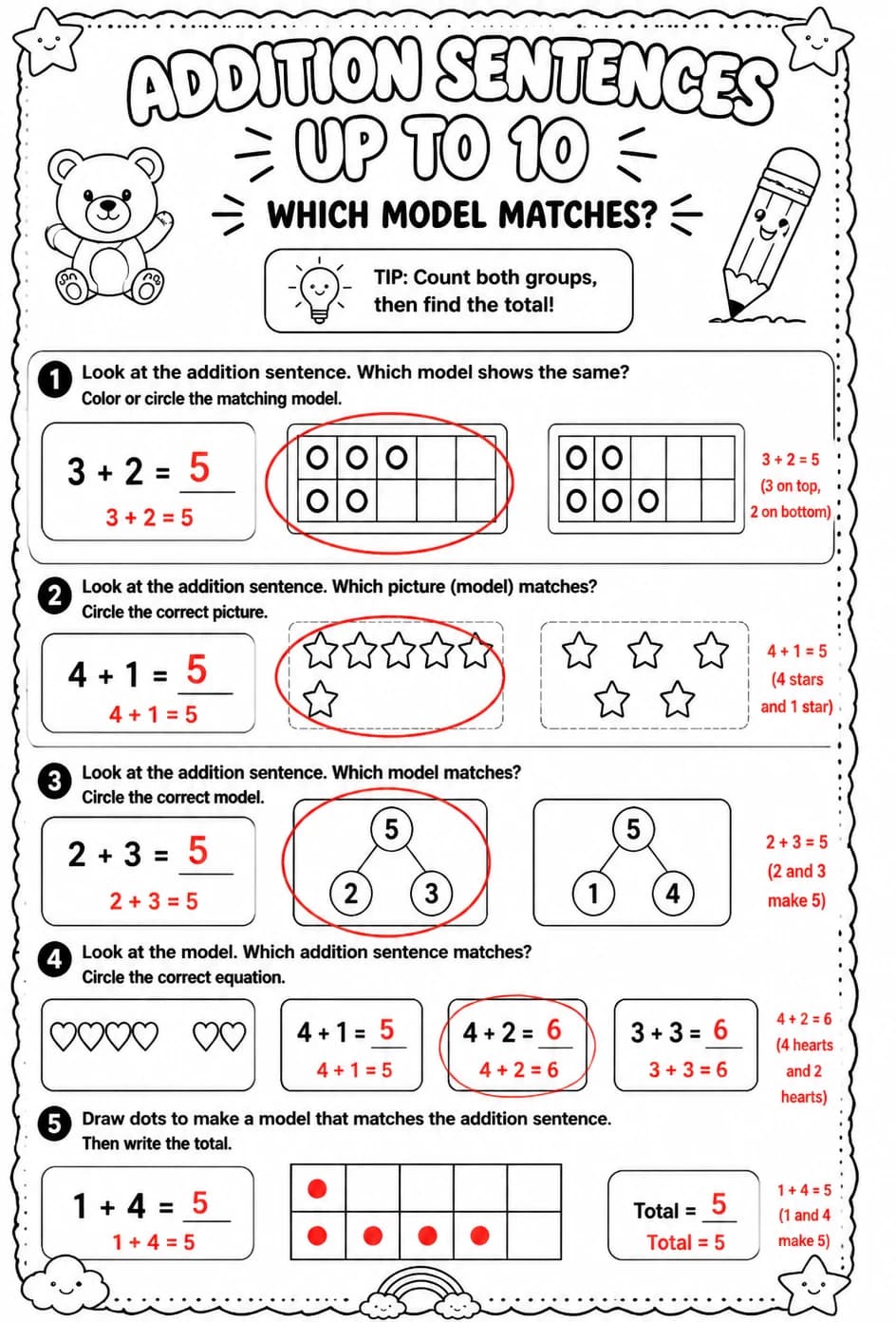 Answer key for Addition sentences up to 10 - which model matches? — free printable Math worksheet