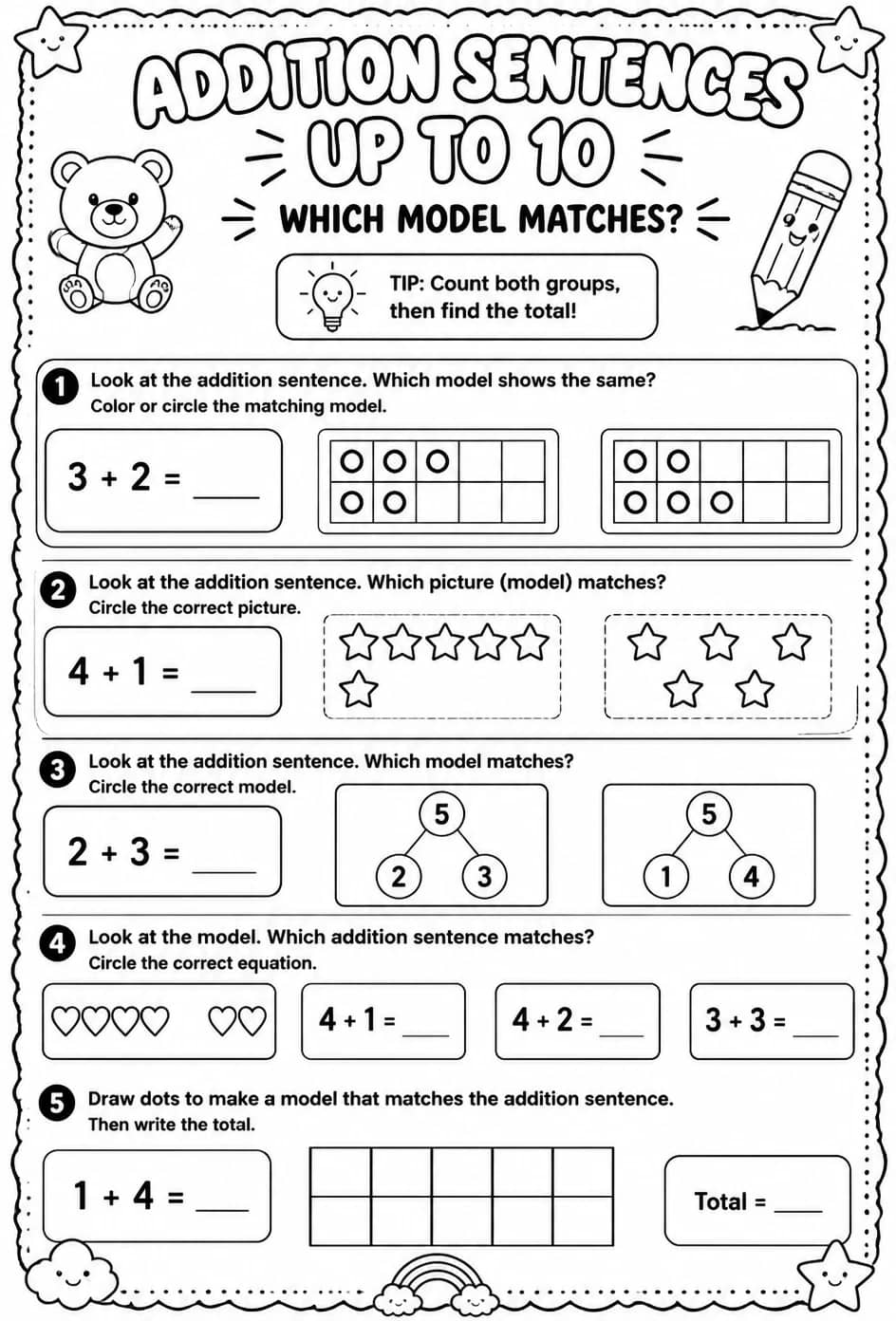 Addition sentences up to 10 - which model matches? — free printable Pre-K math worksheet