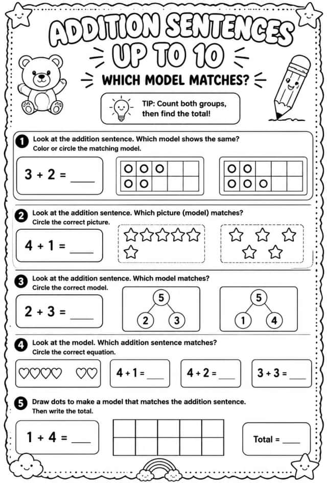 Addition sentences up to 10 - which model matches?