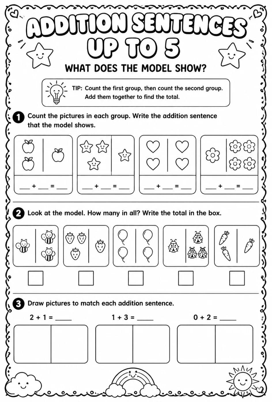 Addition sentences up to 5 - what does the model show? — free printable Pre-K math worksheet