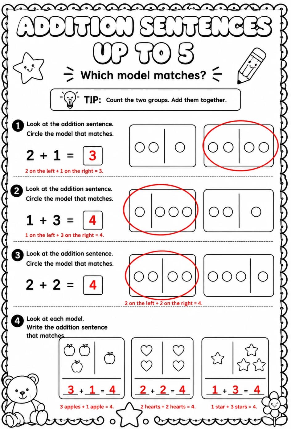 Answer key for Addition sentences up to 5 - which model matches? — free printable Math worksheet