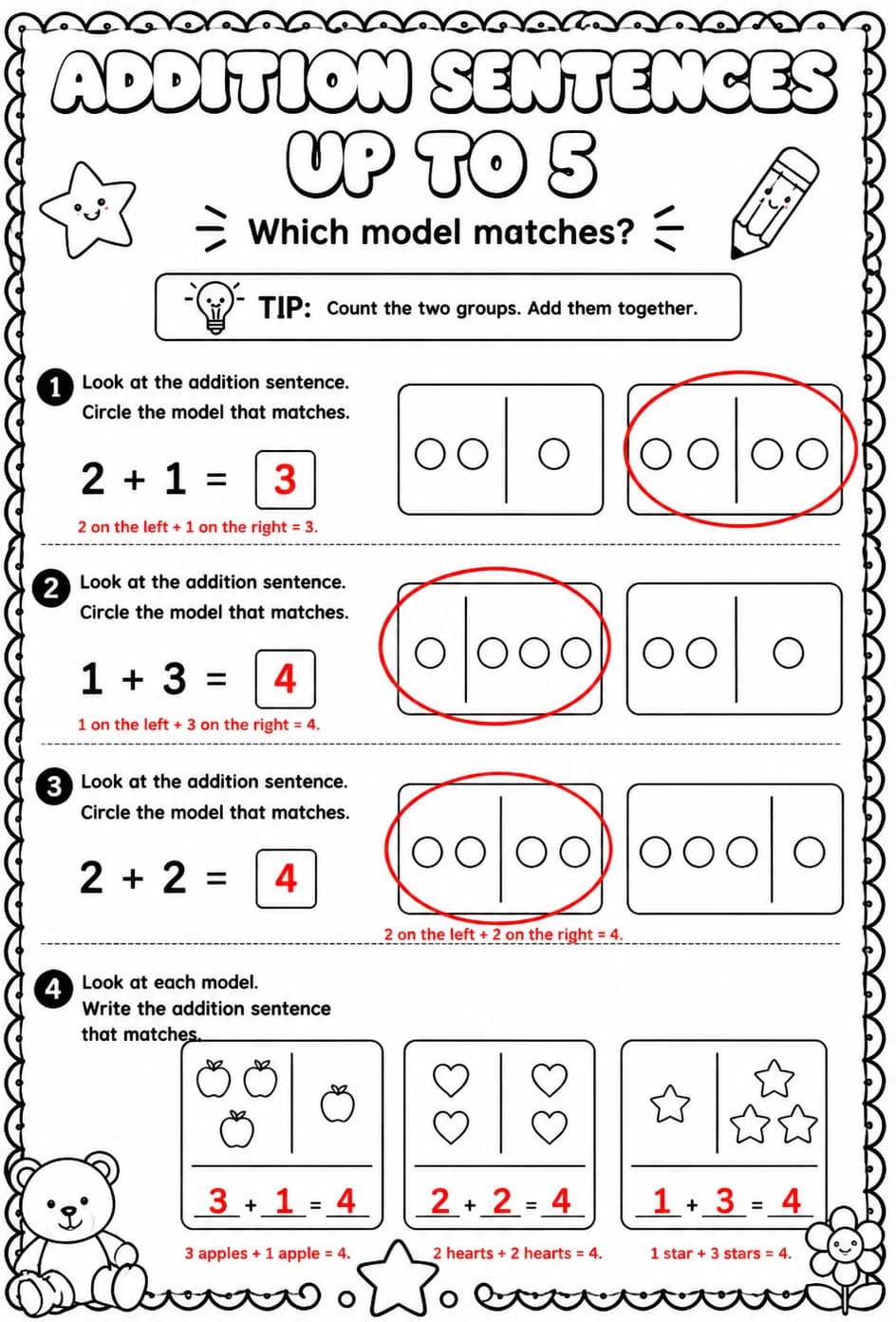 Answer key for Addition sentences up to 5 - which model matches? — free printable Math worksheet