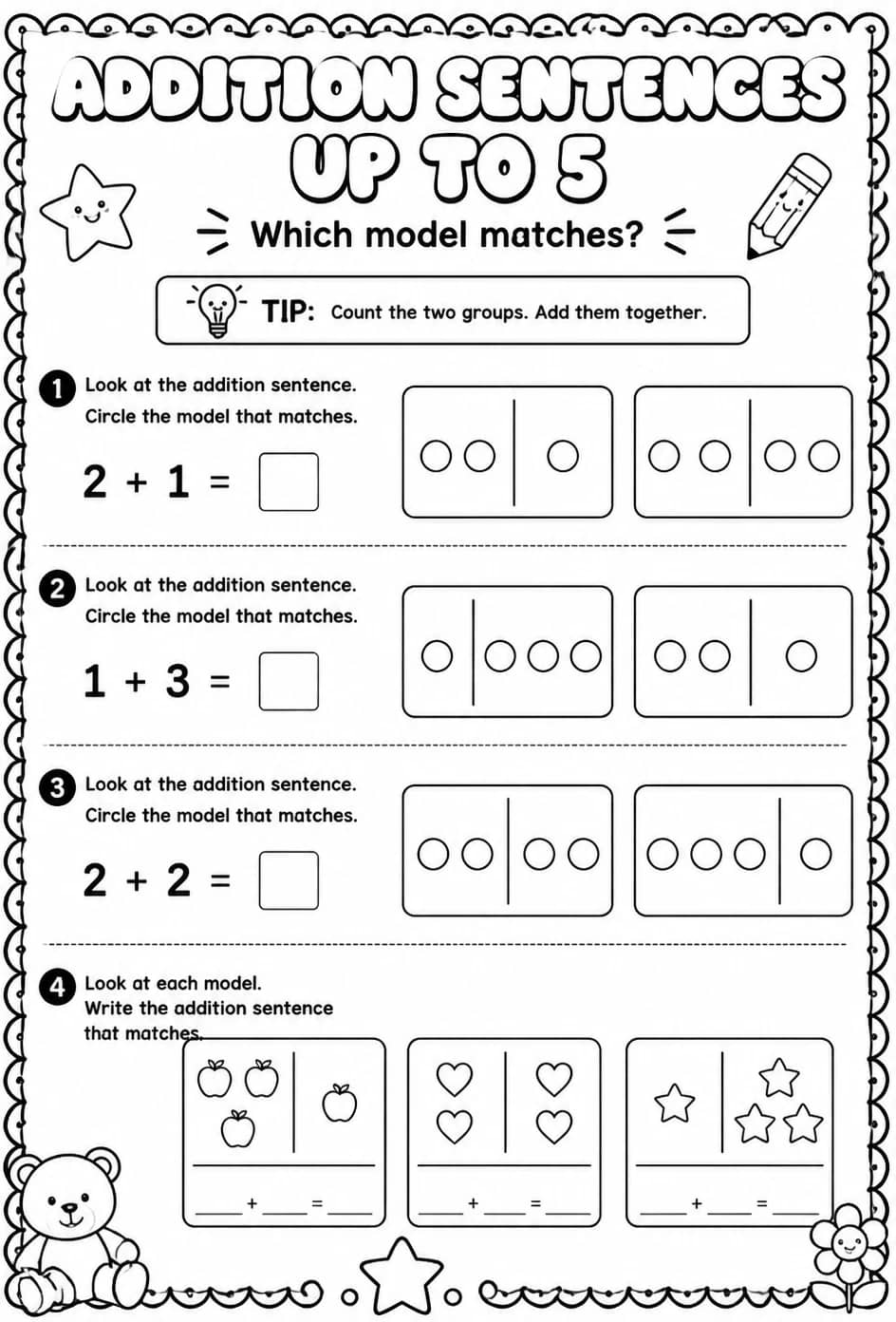 Addition sentences up to 5 - which model matches? — free printable Pre-K math worksheet