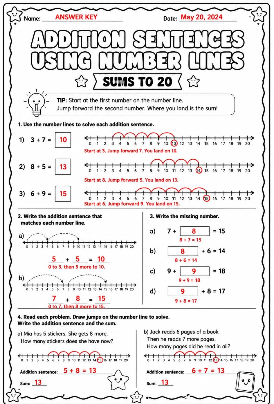 Answer key for Addition sentences using number lines - sums to 20 — free printable Math worksheet
