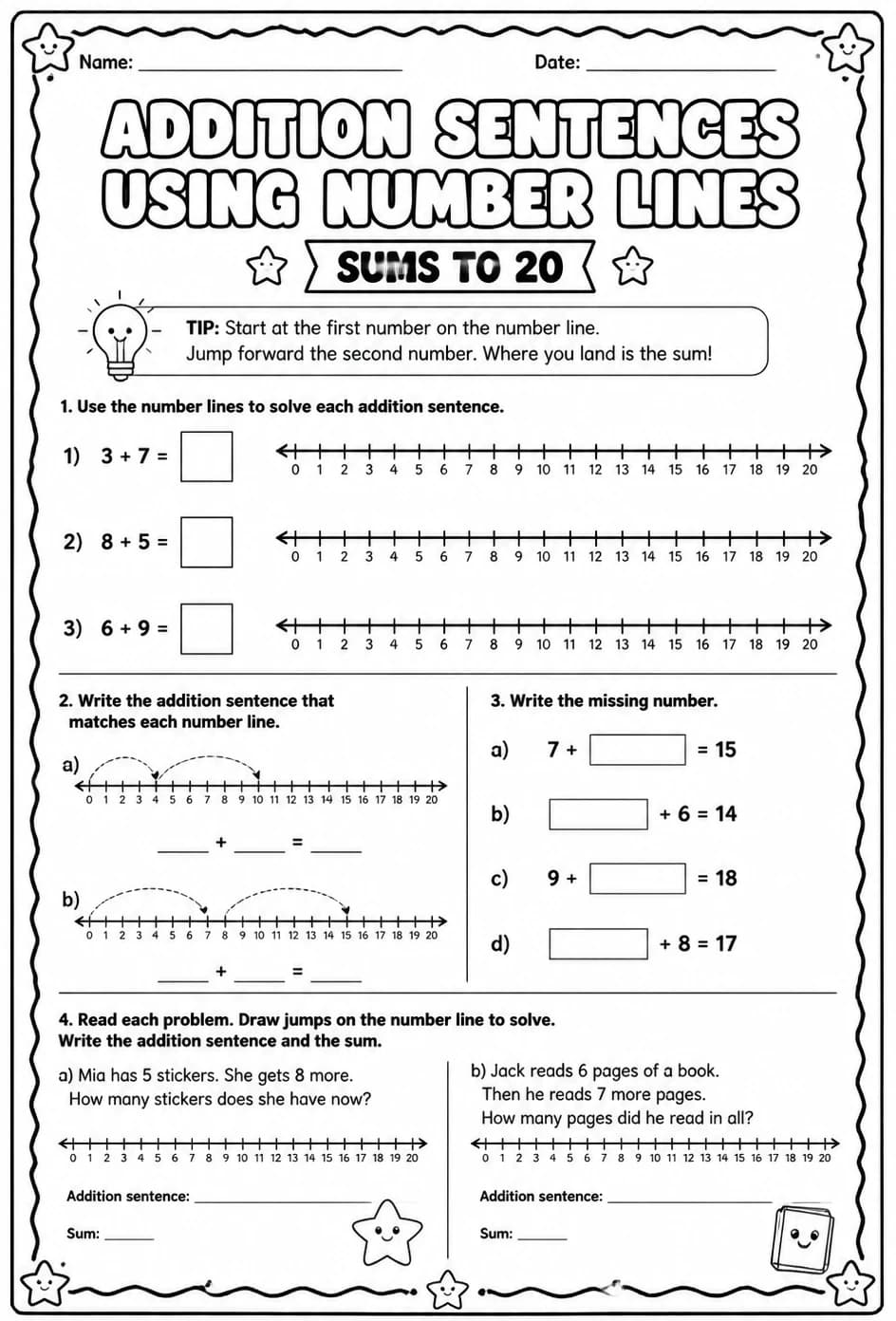 Addition sentences using number lines - sums to 20 — free printable Grade 2 math worksheet