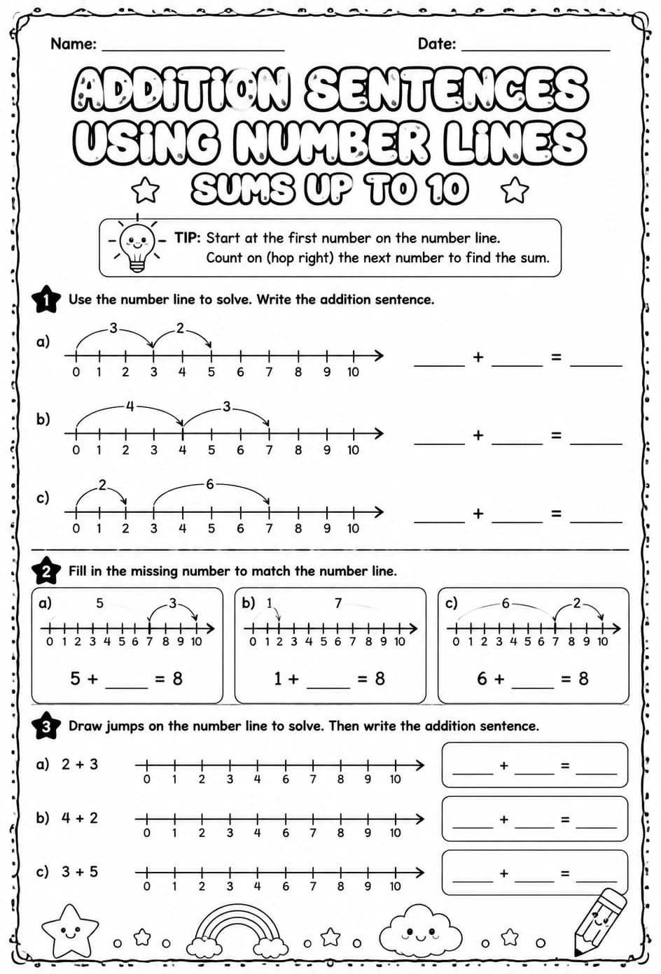 Addition sentences using number lines - sums up to 10 — free printable Grade 1 math worksheet