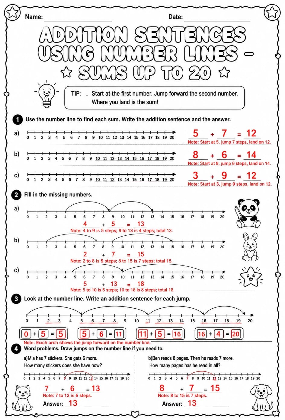Answer key for Addition sentences using number lines - sums up to 20 — free printable Math worksheet