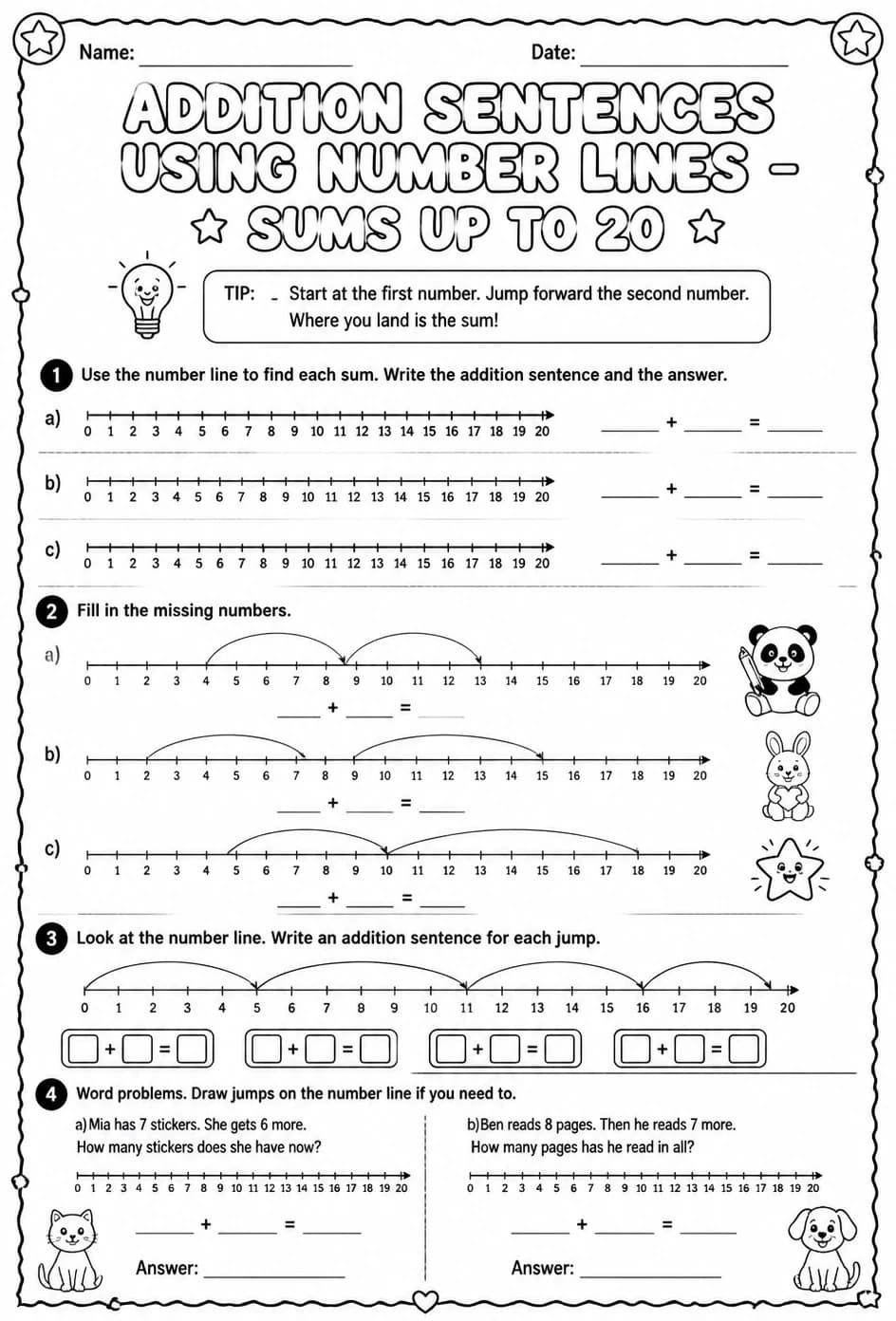 Addition sentences using number lines - sums up to 20 — free printable Grade 1 math worksheet