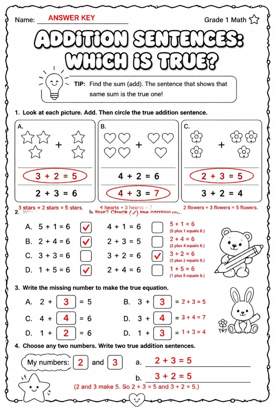 Answer key for Addition sentences: which is true? — free printable Math worksheet