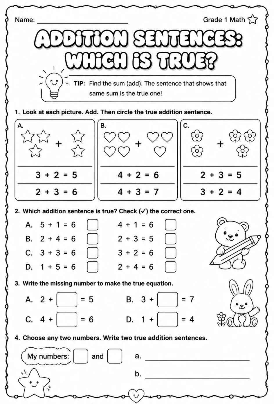 Addition sentences: which is true? — free printable Grade 1 math worksheet