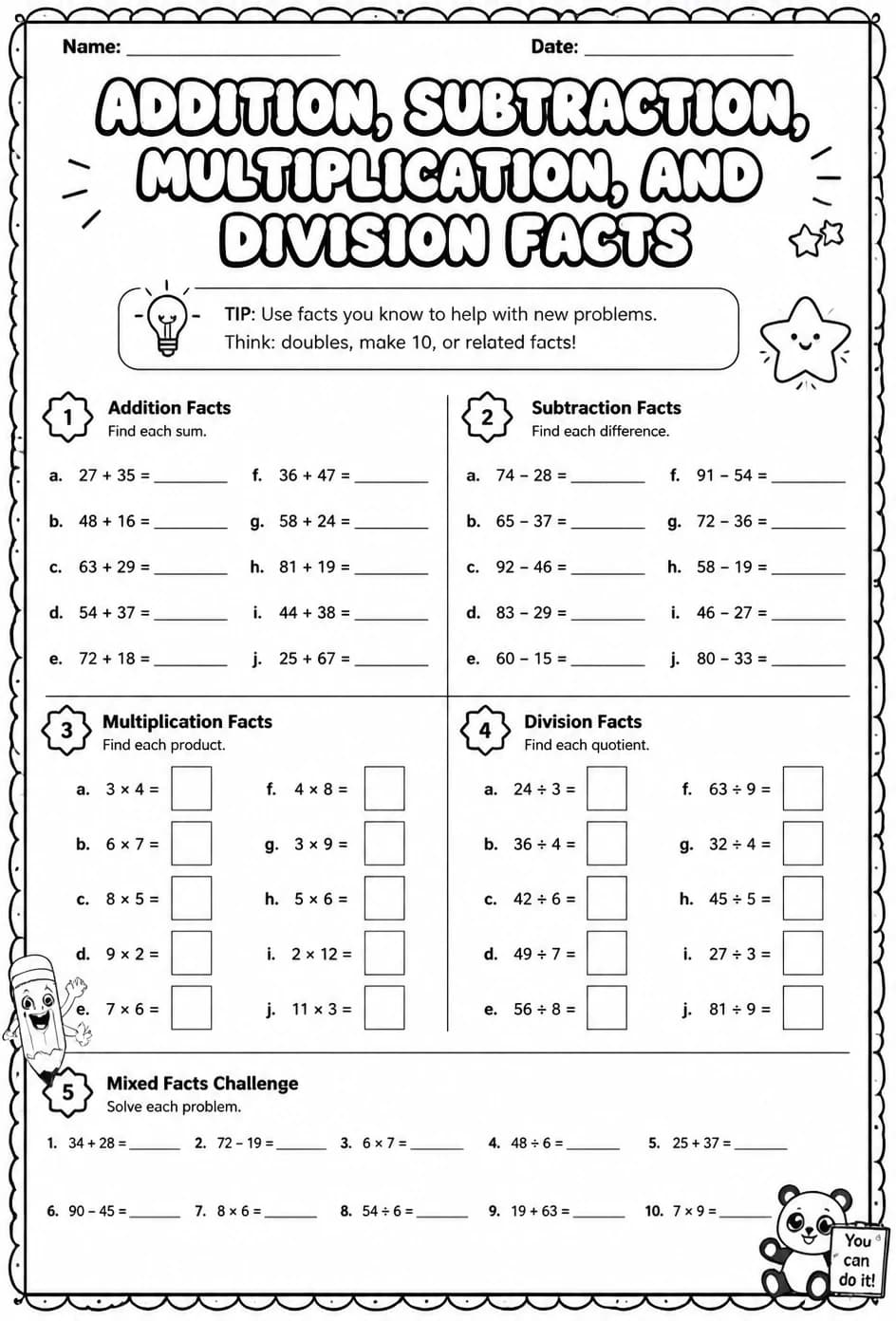 Addition, subtraction, multiplication, and division facts — free printable Grade 3 math worksheet