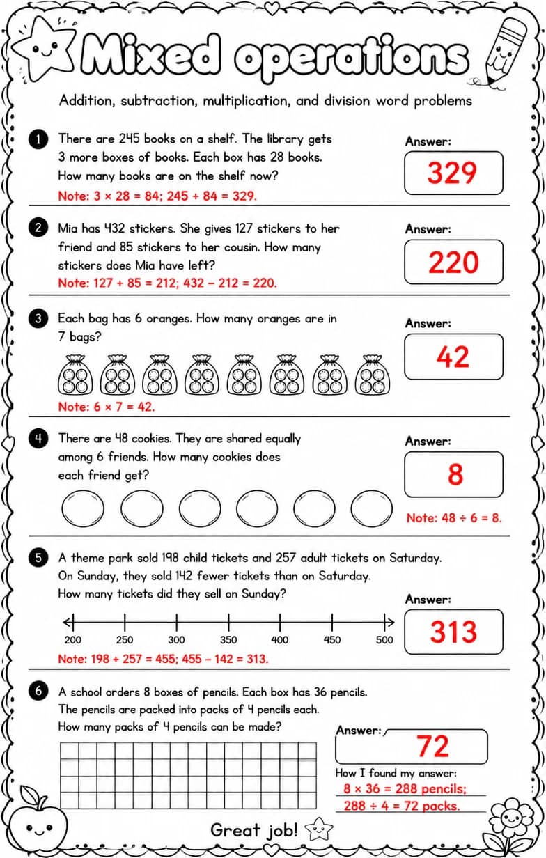 Answer key for Addition, subtraction, multiplication, and division word problems — free printable Math worksheet