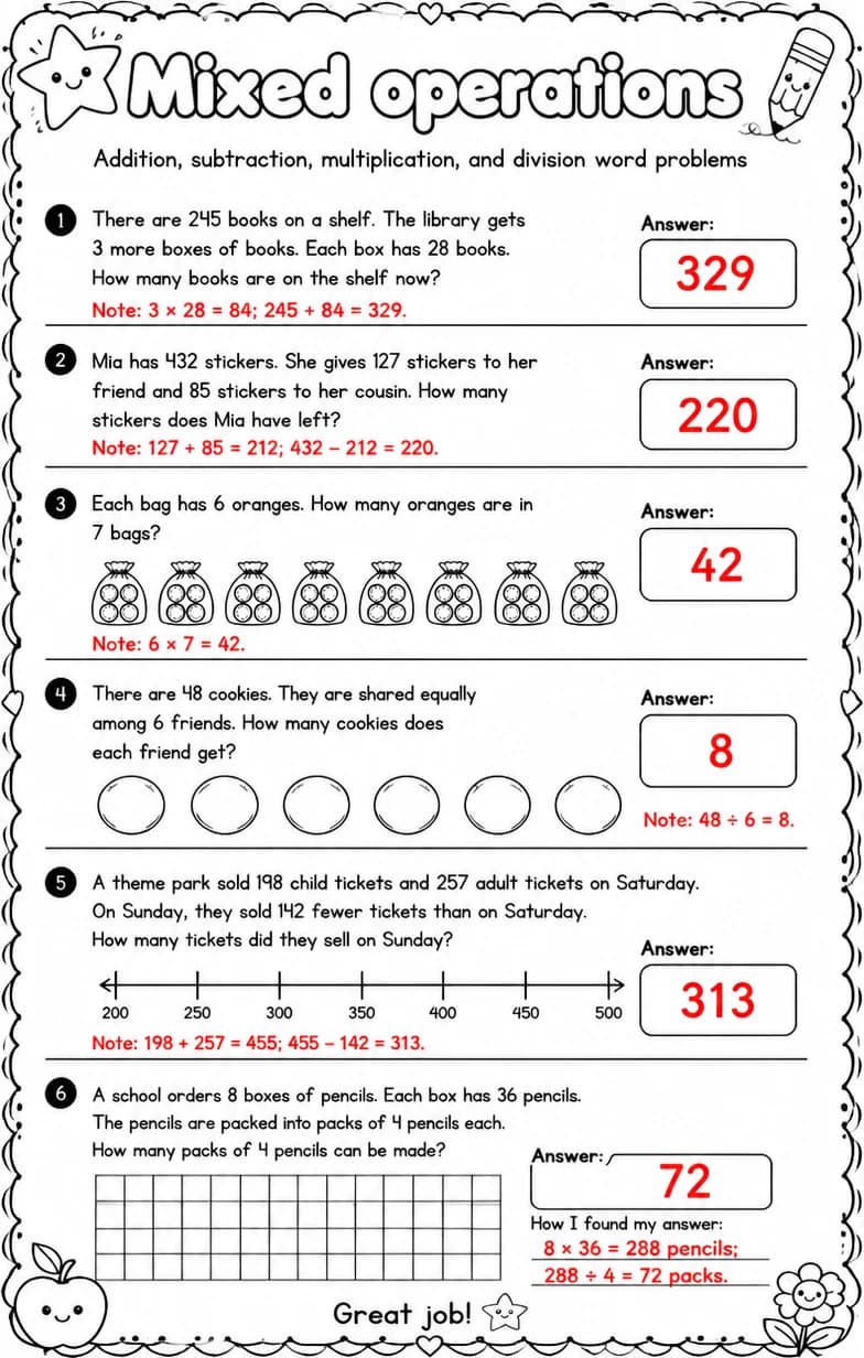 Answer key for Addition, subtraction, multiplication, and division word problems — free printable Math worksheet
