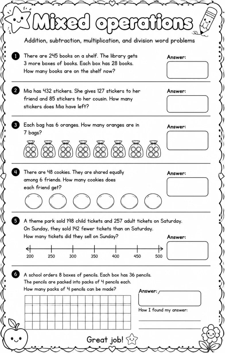 Addition, subtraction, multiplication, and division word problems — free printable Grade 3 Math worksheet