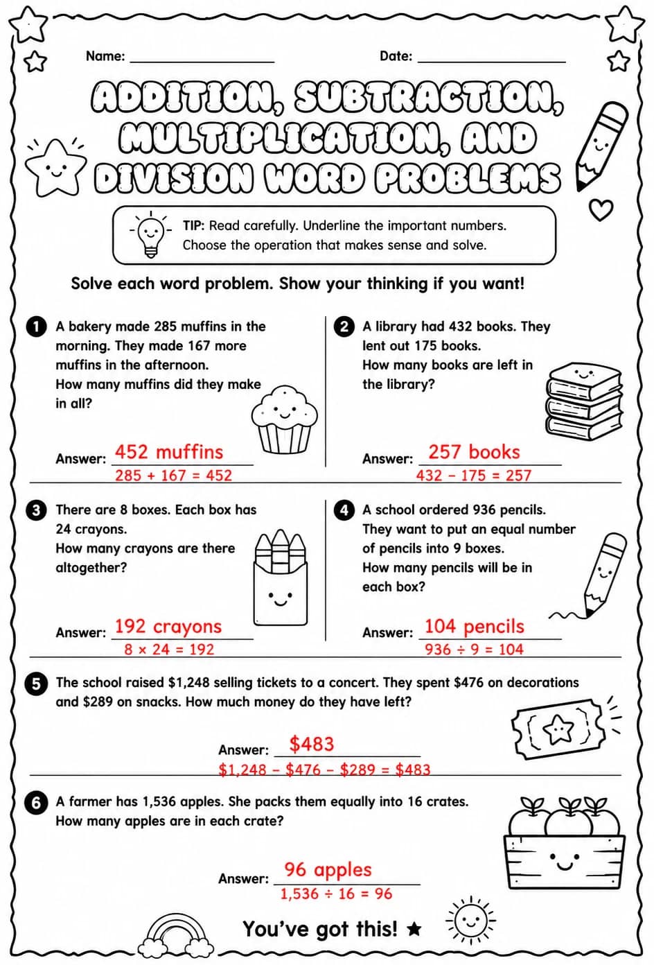 Answer key for Addition, subtraction, multiplication, and division word problems — free printable Math worksheet