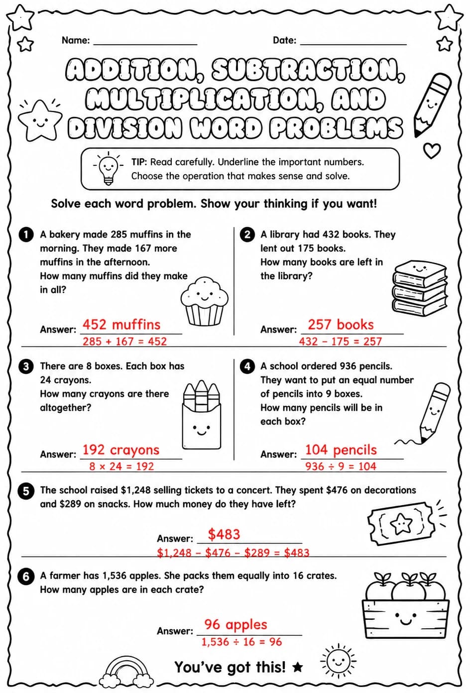 Answer key for Addition, subtraction, multiplication, and division word problems — free printable Math worksheet