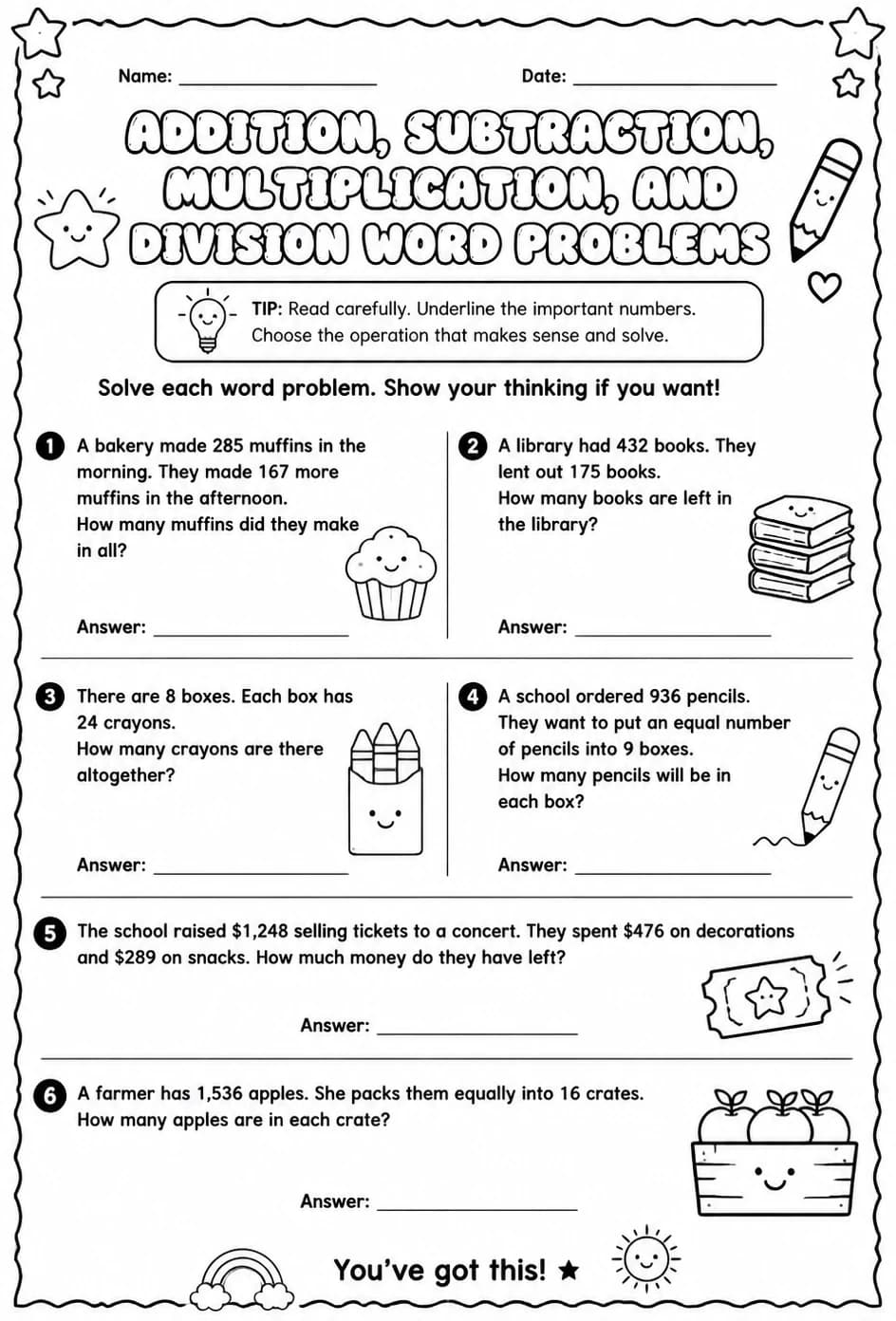Addition, subtraction, multiplication, and division word problems — free printable Grade 4 math worksheet