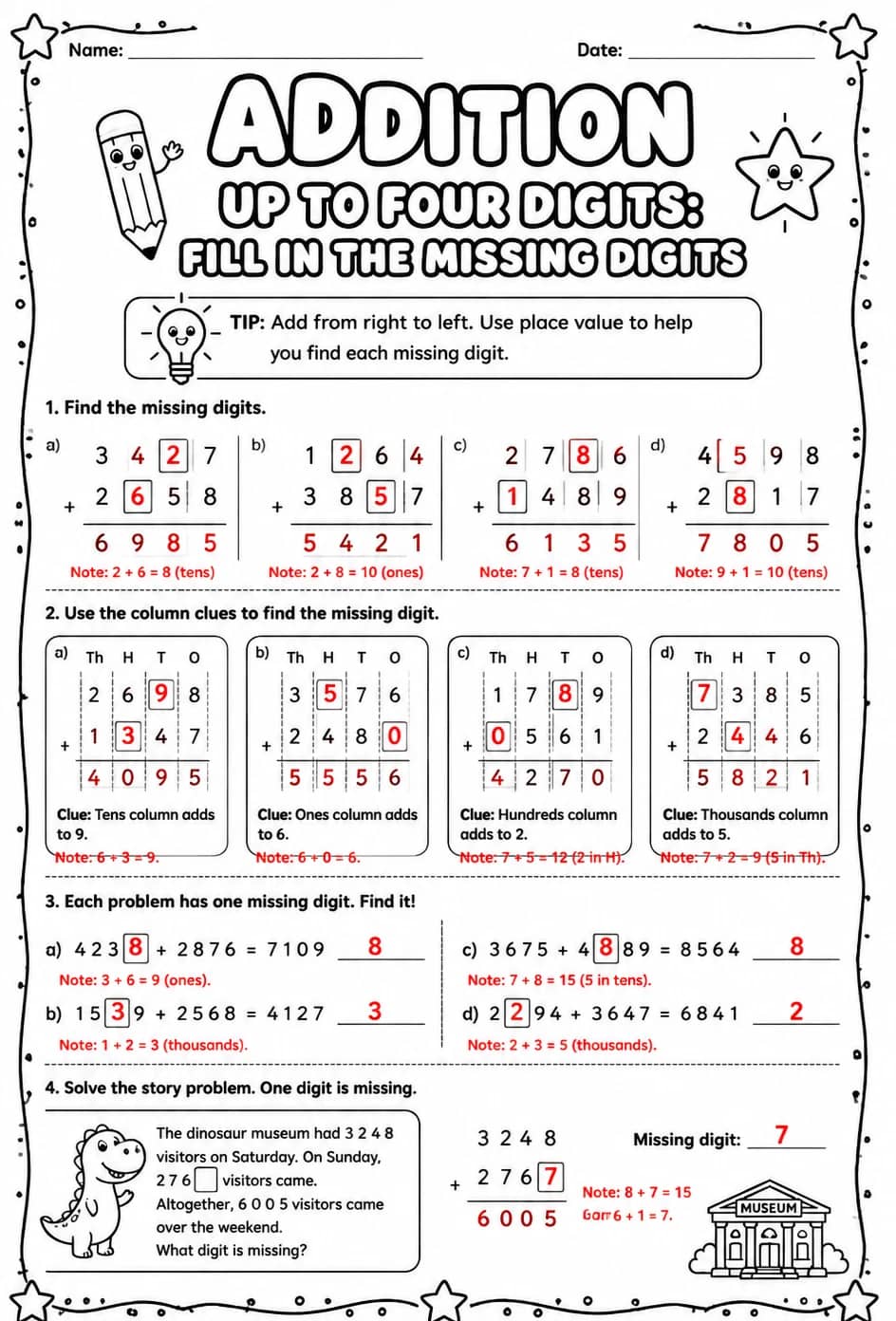 Answer key for Addition up to four digits: fill in the missing digits — free printable Math worksheet