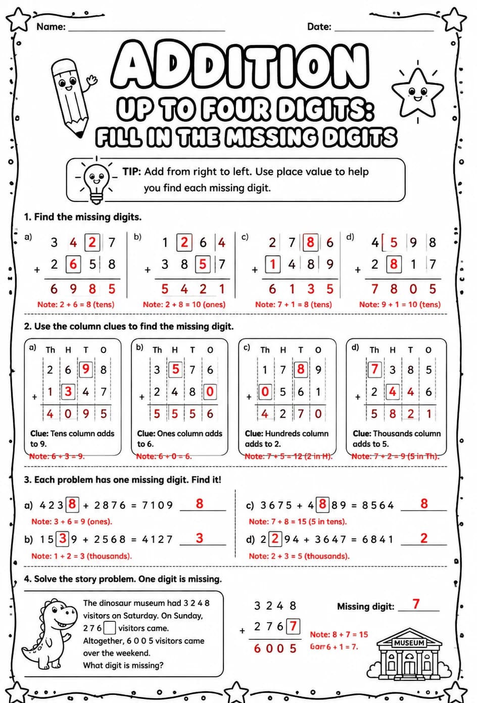 Answer key for Addition up to four digits: fill in the missing digits — free printable Math worksheet
