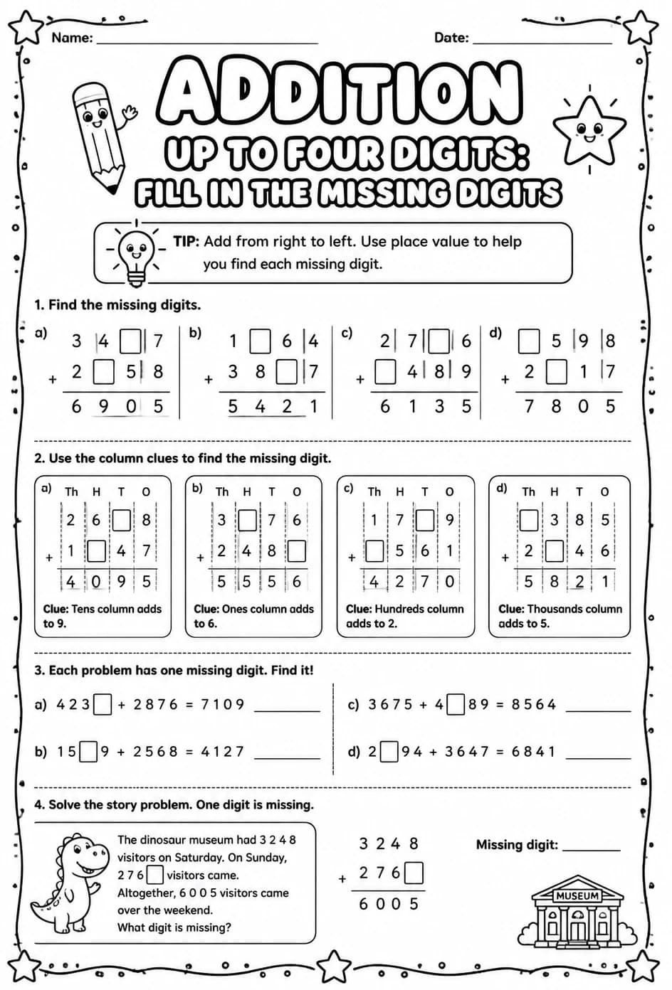 Addition up to four digits: fill in the missing digits — free printable Grade 3 math worksheet