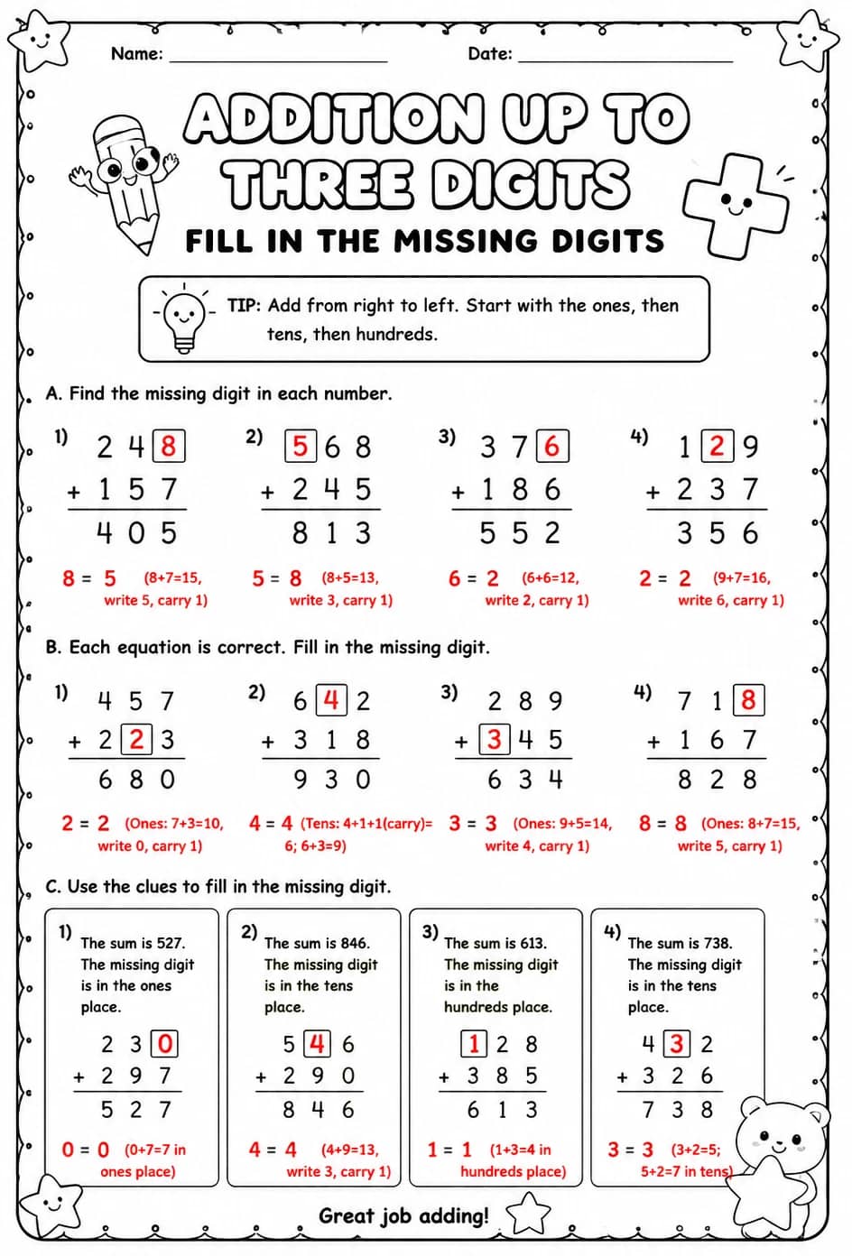 Answer key for Addition up to three digits - fill in the missing digits — free printable Math worksheet